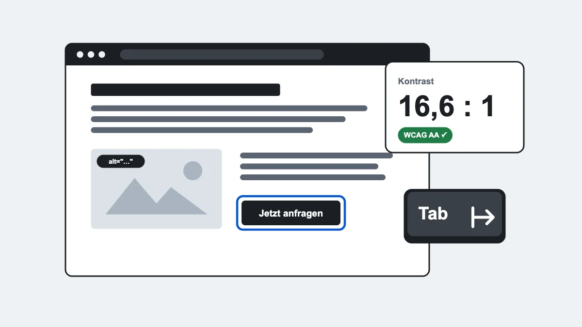 Illustration einer Website mit sichtbarem Tastatur-Fokus, Alt-Text und bestandener Kontrastprüfung