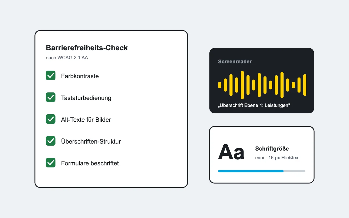 Illustration einer Checkliste für Barrierefreiheit nach WCAG 2.1 AA mit Screenreader-Anzeige und Schriftgröße
