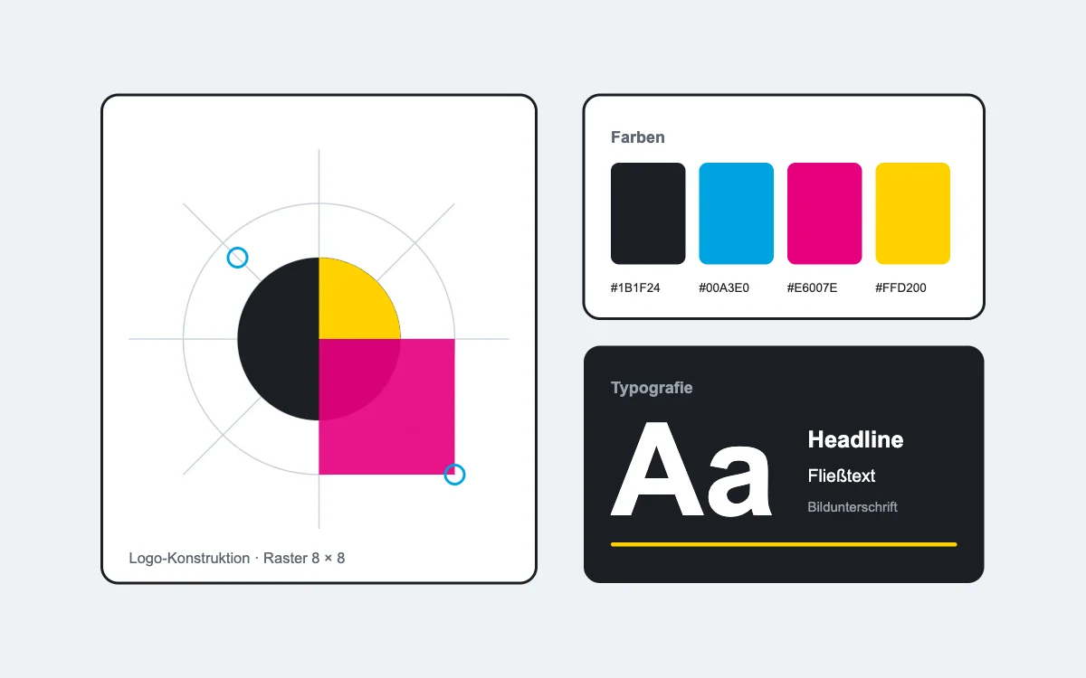 Illustration einer Logo-Konstruktion mit Farbpalette und Typografie, Grafikdesign aus Witten