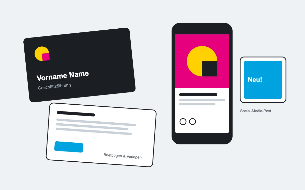 Illustration eines Markenauftritts mit Visitenkarte, Briefbogen, Smartphone und Social-Media-Post