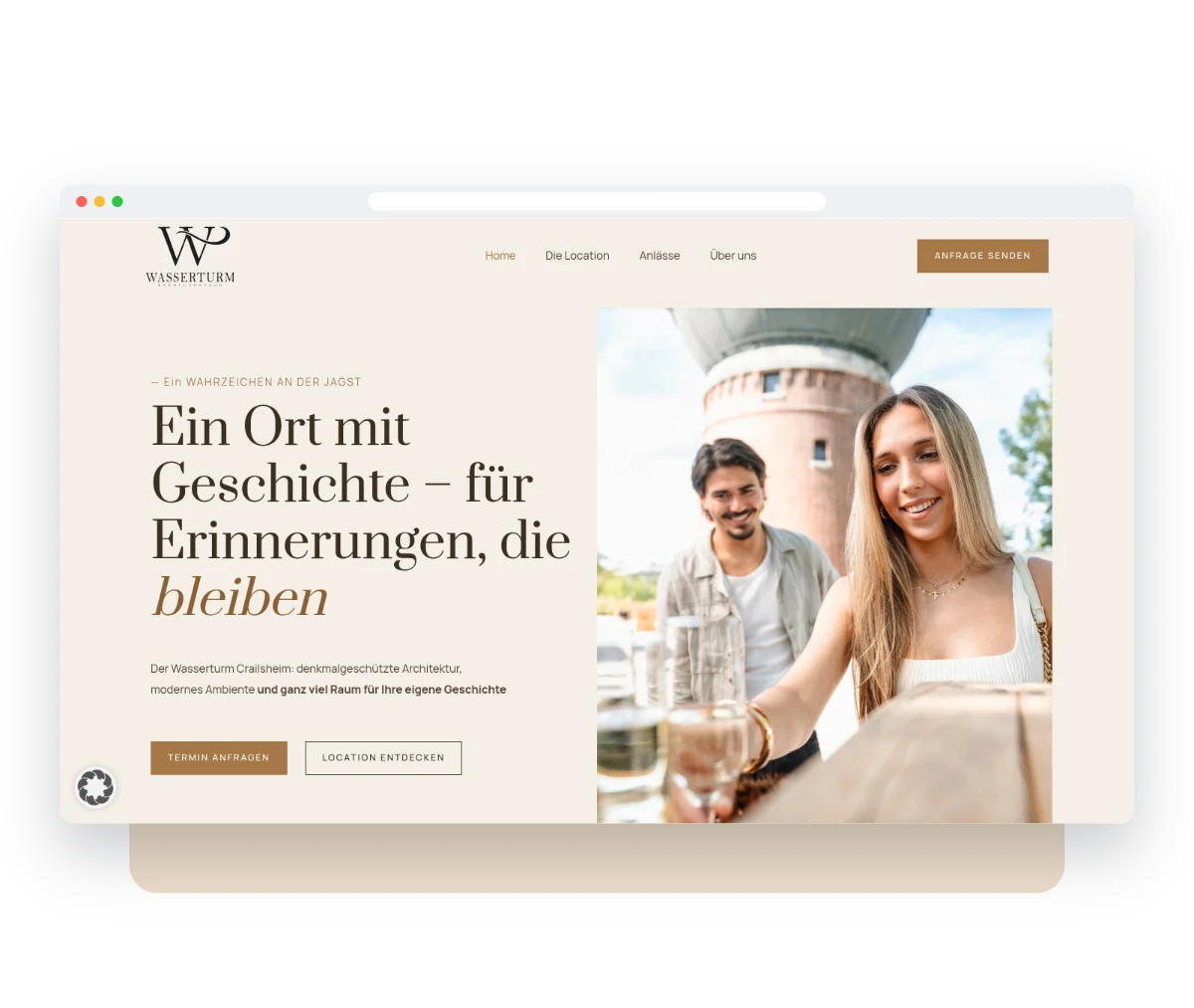 Website von Wasserturm Eventlocation im Browserfenster – Webdesign von Creativ Media Factory